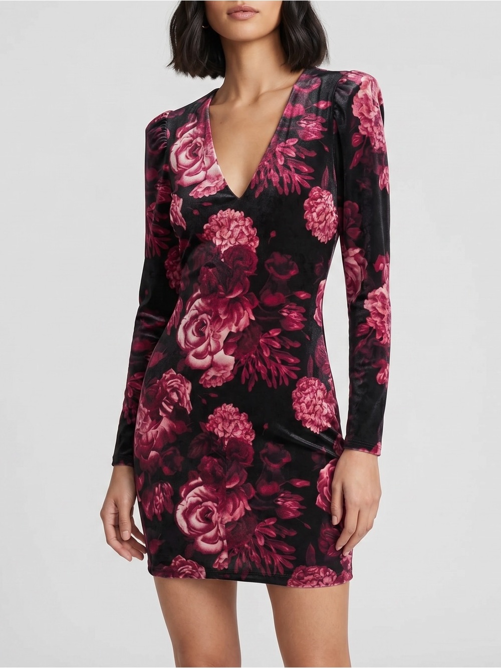 NWT! Floral Printed Stretch Velvet Backless Long Sleeve Mini Dress, XS